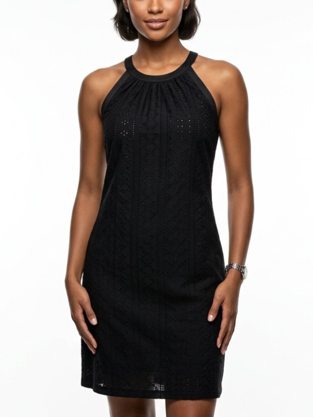WIHOLL Black Eyelet Halter Mini Dress XXL Goth Coquette Summer High Neck